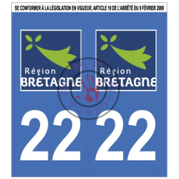 Stickers de plaque d'immatriculation auto département COTES D'ARMOR 22 BRETAGNE (la paire) (port gratuit)